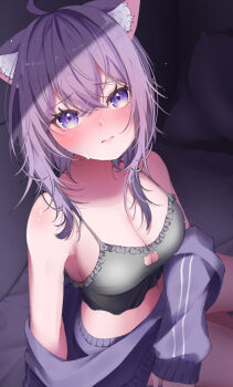 Rule 34 | 1girl, ahoge, animal ears, armpit crease, bare shoulders, blush, breasts, camisole, cat cutout, cat ears, cat girl, cat tail, cleavage, closed mouth, clothing cutout, collarbone, commentary request, crop top, grey camisole, hair between eyes, highres, hololive, jacket, large breasts, looking at viewer, medium hair, nekomata okayu, nekomata okayu (membership), no bra, official alternate costume, open clothes, open jacket, partially unzipped, purple eyes, purple hair, purple jacket, solo, tail, virtual youtuber, yamazakura118