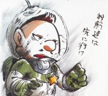 Rule 34 | 1boy, akira (8877ice), backpack, badge, bag, big nose, brown hair, charlie (pikmin), clenched hand, commentary request, facial hair, gloves, green bag, green gloves, helmet, looking ahead, lowres, male focus, mohawk, mustache, nintendo, open mouth, pikmin (series), pikmin 3, radio antenna, short hair, solo, space helmet, spacesuit, star (symbol), teeth, traditional media, translation request, upper body, upper teeth only, very short hair, whistle, white background