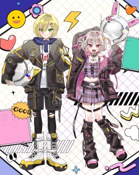 1boy 1girl animal_ear_helmet animal_ears animal_helmet arm_belt arms_up bat_necklace belt belt_buckle black_belt black_collar black_jacket black_leg_warmers black_leggings black_shorts black_straps blonde_hair blue_hood blunt_bangs blush boots buckle cat_ears caution closed_mouth clothes_writing collar collarbone colored_inner_hair crop_top cross-laced_clothes cross-laced_top drawstring earclip emoji fake_animal_ears flame_print food_print fruit_print full_body green_eyes grey_hair grid_background haguki_w hair_intakes hair_ornament hair_over_one_eye hairclip hand_up heart heart_print heart_sticker helmet highres holding holding_unworn_helmet hood hood_down hoodie jacket jewelry lace-up_boots lapels leg_belt leg_warmers leggings lightning_bolt_print looking_at_viewer loose_belt makaino_ririmu makaino_ririmu_(6th_costume) midriff miniskirt multicolored_hair multicolored_hair_bobbles multiple_belts navel necklace nijisanji no_headwear notched_lapels o-ring o-ring_collar o-ring_thigh_strap open_belt open_clothes open_jacket open_mouth pendant pink_belt pink_hair pink_jacket pink_shoes pink_skirt pink_streaks plaid_clothes plaid_skirt pleated_skirt pocket pointy_ears print_hoodie rabbit_ears red_eyes shoelaces shoes short_hair shorts side-by-side skirt sleeves_past_wrists smile space_helmet spiked_collar spikes standing star_(symbol) star_hair_ornament star_sticker sticker strawberry_print streaked_hair thigh_strap torn_clothes torn_leggings two-sided_fabric two-sided_jacket two-tone_hair two_side_up unworn_headwear unworn_helmet unzipped uzuki_kou uzuki_kou_(5th_costume) virtual_youtuber wallet_chain white_background white_boots white_helmet white_hoodie wolf_cut yellow_belt yellow_trim zipper_top