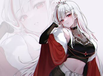 1girl akane_lize bare_shoulders belt black_choker black_shirt breasts cape choker commentary crop_top detached_sleeves ear_piercing fur_trim hair_ornament hairclip hand_up ika_(4801055) large_breasts long_hair long_sleeves looking_at_viewer midriff mole mole_under_eye multicolored_hair navel parted_lips piercing red_eyes see-through_cleavage see-through_clothes shirt sidelocks simple_background sleeveless sleeveless_shirt solo stellive stomach streaked_hair symbol-only_commentary tiara upper_body virtual_youtuber white_background white_cape white_hair zoom_layer