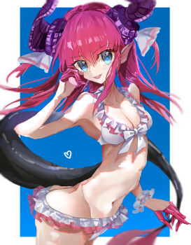 1girl :d absurdres arched_back armpits bad_anatomy bad_arm bare_arms bikini black_tail blue_background blue_eyes border breasts cleavage cowboy_shot dragon_girl dragon_horns dragon_tail elizabeth_bathory_(beach_bloody_demoness)_(fate) elizabeth_bathory_(fate) fang fate/extella fate/extella_link fate/extra fate_(series) finger_cots frilled_bikini frills front-tie_bikini_top front-tie_top groin half-heart_hands heart highres horns kiri_iii_kiri light_blush long_hair looking_at_viewer narrow_waist navel official_style open_mouth parody pink_hair pointy_ears purple_horns ribbon scrunchie simple_background skin_fang skinny small_breasts smile solo standing stomach style_parody swimsuit tail twisted_torso two_side_up wada_arco_(style) white_bikini white_border white_ribbon white_scrunchie wrist_scrunchie