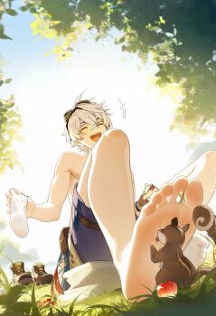 1boy barefoot bennett_(genshin_impact) feet foot_focus genshin_impact goggles goggles_on_head grey_hair licking_foot linklink1 male_focus open_mouth outdoors short_hair shorts sitting socks solo squirrel topless_male unworn_socks