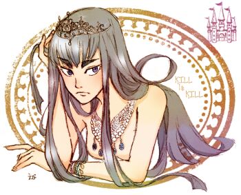 1girl bare_shoulders black_hair blue_eyes blush bracelet breasts ebikichi faux_traditional_media hair_ornament implied_nudity jewelry kill_la_kill kiryuuin_satsuki long_hair looking_at_viewer lying necklace solo thick_eyebrows tiara upper_body