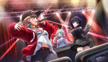 3girls baseball_cap belt black_dress black_hat black_thighhighs bow breasts brown_belt brown_hair chain chain_necklace closed_mouth commentary_request copyright_notice denim detached_sleeves dj dolphin_wave dress ear_piercing earrings feather_earrings feathers frayed_clothes frilled_dress frills game_cg gloves gold_chain gothic_lolita grey_hair hand_on_headphones hanihara_haru hat headphones headphones_around_neck highres holding holding_microphone hood hoodie jeans jewelry kamie_tsugumi kurokuchi_muru lace lace_gloves large_breasts lolita_fashion long_hair long_sleeves microphone midriff_peek mixing_console multicolored_eyes multicolored_hair multiple_girls nail_polish navel necklace non-web_source official_art ootomo_takuji open_mouth pants phonograph piercing pink_hoodie purple_eyes purple_hair purple_streaks rainbow_eyes rapping red_bow red_eyes red_hoodie red_lips red_nails shirt short_hair smile stage stage_lights thighhighs turntable white_shirt