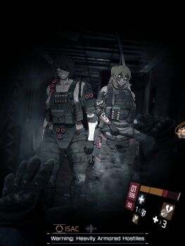 2girls ammunition_pouch bulletproof_vest crazy_smile gloves highres holding holding_weapon long_hair looking_at_viewer multiple_girls original pouch smartwatch smile solo tom_clancy&#039;s_the_division victorsechs watch weapon wristwatch