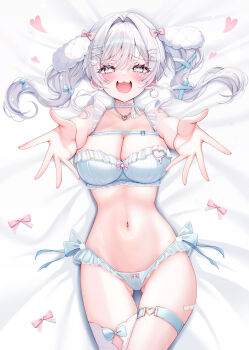 1girl :3 absurdres asymmetrical_legwear blush bow bow_bra bow_panties bra breasts bright_pupils cameltoe choker choppy_bangs cleavage commentary_request commission cowboy_shot frilled_bra frilled_panties frills hair_between_eyes hair_bow hair_intakes hair_ornament hair_spread_out hairclip heart heart-shaped_pupils heart_hair_ornament heart_pendant highres large_breasts long_bangs long_hair lying navel on_back on_bed open_mouth original panties pink_bow raised_inner_eyebrows reaching reaching_towards_viewer skeb_commission smile solo stomach sweat symbol-shaped_pupils thigh_strap twintails underwear underwear_only white_bra white_choker white_eyes white_hair white_panties white_pupils x_hair_ornament yu_lei