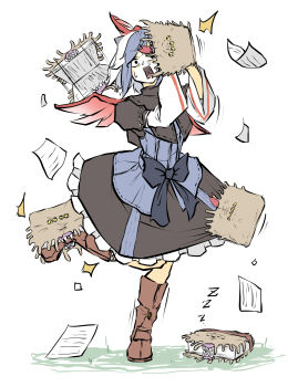 1girl 5others absurdres attack biting biting_another&#039;s_foot biting_clothes black_dress black_eyes blue_bow blue_hair book boots bow brown_boots colored_sclera crossover dress evil_dead extra_eyes feathered_wings frilled_dress frills gums head_wings highres horns japanese_clothes medium_hair multicolored_hair multiple_others necronomicon nervous_sweating open_mouth pages peroponesosu. sharp_teeth simple_background single_horn sleeping slit_pupils standing standing_on_one_leg sweat teeth tokiko_(touhou) touhou uvula white_background white_hair wings yellow_sclera zzz