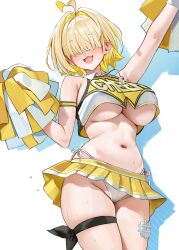 Rule 34 | 1girl, absurdres, ahoge, arm up, armband, bandaged leg, bandages, blonde hair, blush, breasts, cheerleader, clothes writing, colored inner hair, commentary, cowboy shot, crop top, elegg (nikke), fang, goddess of victory: nikke, gompang 11, green hair, hair intakes, hair over eyes, highres, holding, holding pom poms, large breasts, long bangs, microskirt, multicolored hair, navel, nose blush, open mouth, panties, pom pom (cheerleading), pom poms, short hair, side-tie panties, simple background, skin fang, skirt, smile, solo, stomach, sweat, thigh strap, underboob, underwear, whistle, whistle around neck, white background, white panties, yellow skirt