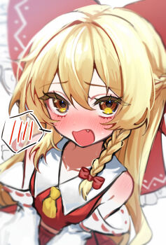 1girl alternate_costume aorin_oekaki ascot blonde_hair blurry blush bow braid commentary_request cosplay depth_of_field detached_sleeves embarrassed fang frilled_bow frilled_hair_tubes frills hair_bow hair_tubes hakurei_reimu hakurei_reimu_(cosplay) highres kirisame_marisa long_hair open_mouth red_bow red_skirt ribbon-trimmed_sleeves ribbon_trim side_braid single_braid skirt skirt_set solo spoken_blush sweat touhou yellow_ascot yellow_eyes