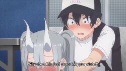 &gt;_&lt; 2.5_jigen_no_ririsa 2boys animated anime_screenshot back bag black_hair blue_bra blue_eyes blue_panties blush bra cosplay crossdressing crossdressing_(mtf) demon_horns dress fake_horns frilled_dress frills grey_hair hat highres horns lime_(2.5_jigen_no_ririsa) multiple_boys okumura_masamune open_mouth panties shirt sound subtitled tagme thighhighs trap twintails underwear unworn_dress video white_shirt zipper zipper_dress zipper_pull_tab