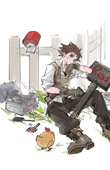 1boy absurdres animal bird box brown_eyes brown_gloves brown_hair brown_pants brown_shoes chicken closed_mouth fence fiy1827565 gloves hammer highres male_focus nail_(hardware) nintendo paint_can paintbrush pants pokemon pokemon_frlg red_(pokemon) shirt shoes short_hair sign sitting stardew_valley sweat white_shirt wooden_fence