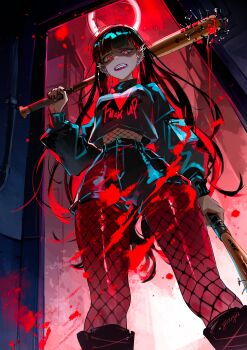 Rule 34 | 1girl, absurdres, baseball bat, black boots, black hair, black shirt, black shorts, blood, boots, breasts, delinquent, dual wielding, fishnet pantyhose, fishnets, highres, holding, holding baseball bat, long hair, medium breasts, multicolored hair, original, pantyhose, print shirt, red eyes, red hair, red shirt, shirt, shorts, solo, standing, two-tone hair, yeougui