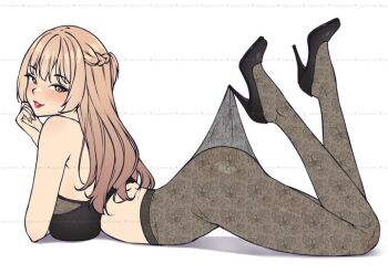 1girl aquamei blush breasts lingerie long_hair looking_at_viewer smile underwear white_background