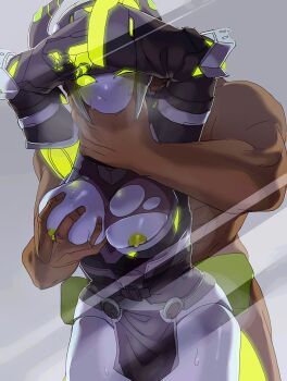 1boy 1girl against_glass breasts detached_sleeves grabbing_another&#039;s_breast grey_background groping hakidashi_11 hetero horns humanoid_robot implied_sex joints large_breasts no_mouth original pelvic_curtain robophilia robot robot_girl robot_joints sex simple_background strangling sweat torn_clothes