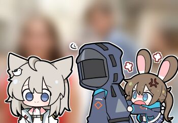 1other 2girls ahoge ambiguous_gender amiya_(arknights) anger_vein animal_ears arknights arknights:_endfield bird_ears bird_girl black_jacket blue_eyes brown_hair chibi closed_mouth distracted_boyfriend_(meme) doctor_(arknights) grey_hair highres hood hooded_jacket jacket long_hair malrangdonut medium_hair meme multiple_girls open_mouth outline perlica_(arknights) ponytail rabbit_ears white_outline