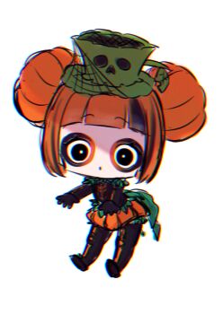 Rule 34 | 1girl, absurdres, animification, aoiyuuna 811, disneyland, double bun, dress, full body, gloves, hair bun, halloween costume, hat, highres, long hair, long sleeves, looking at viewer, makeup, orange eyes, orange hair, shirt, simple background, solo