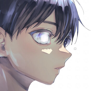 1boy aegyo_sal black_eyes black_hair close-up commentary_request double-parted_bangs eyelashes from_side hair_behind_ear hair_between_eyes heterochromia looking_ahead male_focus omori parted_lips portrait profile short_hair simple_background solo spoilers sunny_(omori) toastytoast very_short_hair white_background white_eyes