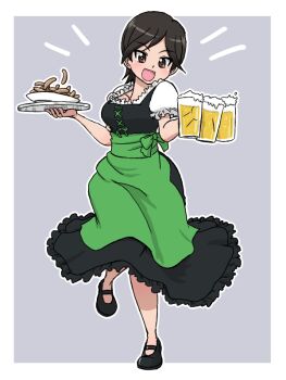 Rule 34 | 1girl, alcohol, apron, beer, beer mug, black dress, black hair, black shoes, blush, breasts, brown eyes, carrying, cup, dirndl, dress, food, frilled dress, frilled shirt, frilled sleeves, frills, german clothes, girls und panzer, girls und panzer saishuushou, green apron, grey background, holding, holding cup, holding tray, iruma anna, large breasts, mug, official alternate costume, oktoberfest, plate, puffy short sleeves, puffy sleeves, sausage, shirt, shoes, short hair, short sleeves, simple background, smile, takahashi kurage, tray, very short hair, white shirt