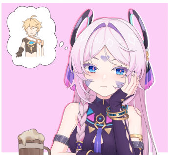 1boy 1girl absurdres aether_(genshin_impact) ahoge alcohol bare_shoulders blonde_hair blue_eyes blush braid breasts brown_gloves citlali_(genshin_impact) commentary_request detached_sleeves dmwd233 earrings facial_tattoo genshin_impact gloves highres jewelry long_hair medium_breasts pink_hair pout single_earring speech_bubble tattoo thought_bubble twin_braids