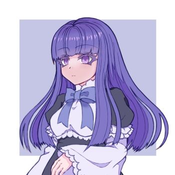 Rule 34 | 1girl, black dress, bow, colored eyelashes, commentary request, dress, dress bow, frederica bernkastel, frilled dress, frills, hime cut, layered sleeves, puffy sleeves, purple bow, purple eyes, purple hair, sidelocks, solo, tomorrow2311, two-tone background, umineko no naku koro ni, wide sleeves