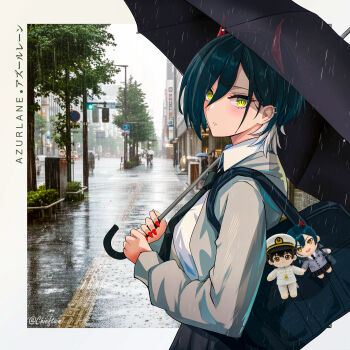 Rule 34 | 1girl, absurdres, artist name, azur lane, bag, bag charm, black hair, black necktie, black skirt, blush, border, breasts, character doll, charm (object), chieftain art13, collared shirt, commander (azur lane), commentary, copyright name, cowboy shot, doll, ear piercing, english commentary, grey jacket, hair between eyes, highres, holding, holding umbrella, hood, hood down, hooded jacket, horns, jacket, long sleeves, looking at viewer, mechanical horns, medium breasts, mixed-language commentary, multicolored hair, necktie, official alternate costume, open clothes, open jacket, parted lips, photo background, photo inset, piercing, pleated skirt, rain, red horns, red nails, school bag, school uniform, shirt, short hair, sidelocks, skirt, slit pupils, solo, standing, two-tone hair, ulrich von hutten (azur lane), ulrich von hutten (what comes after the bell) (azur lane), umbrella, white border, white hair, white shirt, yellow eyes