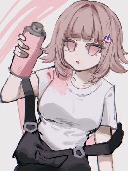 1girl :o alternate_costume black_overalls breasts brown_hair collarbone commentary_request danganronpa_(series) danganronpa_2:_goodbye_despair flipped_hair hair_ornament highres holding large_breasts looking_at_viewer medium_hair nanami_chiaki neporo_(c0x06) no_jacket overalls pink_eyes shirt short_sleeves solo upper_body white_shirt