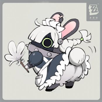 animal_ears apron bangboo_(zenless_zone_zero) black_dress black_footwear black_leggings bloomers colo_(nagrolaz) dress duster feather_duster frilled_apron frills green_eyes grey_background highres leggings maid maid_apron maid_headdress object_through_head ponytail puffy_short_sleeves puffy_sleeves rabbit_ears rabbit_tail screw_in_head short_sleeves simple_background tail underwear white_apron white_bloomers white_hair zenless_zone_zero