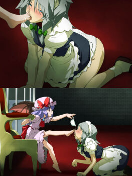 2girls age_difference all_fours ascot bare_legs barefoot bat_wings blue_dress blue_hair blush braid chair closed_eyes cup dress feet female_focus femdom foot_worship full_body hat humiliation izayoi_sakuya licking licking_foot loli lolidom maid multiple_girls necktie onee-loli open_mouth outstretched_leg panties pink_dress red_eyes remilia_scarlet silver_hair sitting spilling tekuteku_(yuuhodou) toes tongue tongue_out touhou twin_braids underwear white_panties wings yuri