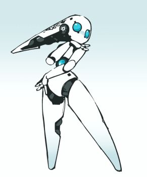 1girl blue_background blue_sclera colored_sclera drossel_von_flugel ethossketches fireball_(series) full_body gradient_background highres humanoid_robot joints legs_apart looking_ahead mechanical_hair no_mouth pose_request robot robot_girl robot_joints simple_background solo standing white_background wide_hips