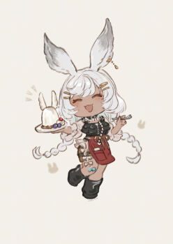 1girl :d ^_^ animal_ears black_boots boots braid closed_eyes commentary dark-skinned_female dark_skin deformed final_fantasy final_fantasy_xiv fork full_body hair_ornament hairclip hibana_(hibana_ztlv) highres holding holding_fork holding_tray open_mouth simple_background smile solo symbol-only_commentary tray twin_braids viera warrior_of_light_(ff14) white_background white_hair