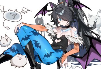 1girl absurdres alternate_costume animal_ear_fluff animal_ears animal_print bare_shoulders bat_print black_boots black_choker black_hair black_leotard blue_eyes blue_nails blue_pantyhose body_markings boots breasts bridal_gauntlets cat cat_(nyanko_daisensou) cat_ears cat_girl choker cleavage clothing_cutout collarbone colored_skin cosplay cutout_above_navel dark_kasli_(nyanko_daisensou) darkstalkers deformed demon_girl demon_wings ebora fur-trimmed_leotard fur_trim hair_intakes hair_over_one_eye hand_on_own_knee head_wings heart_cutout high_ponytail highres kasli_(nyanko_daisensou) knee_up leotard long_hair looking_at_viewer morrigan_aensland morrigan_aensland_(cosplay) nail_polish nyanko_daisensou outstretched_arm pale_skin pantyhose parted_bangs ponytail shiny_skin sidelocks simple_background slit_pupils small_breasts small_sweatdrop solo_focus very_long_hair white_background white_skin wings