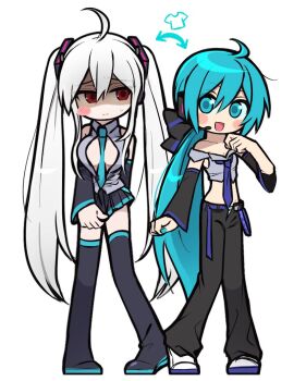 2girls :d ahoge alternate_costume alternate_footwear alternate_hairstyle aqua_eyes aqua_hair aqua_nails aqua_necktie arm_behind_back bare_shoulders belt between_breasts black_boots black_bow black_pants black_skirt black_sleeves blue_belt blue_necktie blue_trim blush_stickers boots bow breasts chibi clothes_pull collared_shirt cosplay costume_switch cropped_shirt detached_sleeves double-parted_bangs fingernails grey_shirt hair_between_eyes hair_bow hatsune_miku headset jjjjtaaaku loose_belt low_ponytail medium_breasts miniskirt multiple_girls nail_polish necktie necktie_between_breasts open_fly open_mouth panties pants panty_peek ponytail red_eyes shaded_face shirt shoes single_blush_sticker skirt skirt_pull sleeveless sleeveless_shirt small_breasts smile striped_clothes striped_panties thigh_boots tie_clip twintails underwear vocaloid white_background white_hair white_shoes yowane_haku