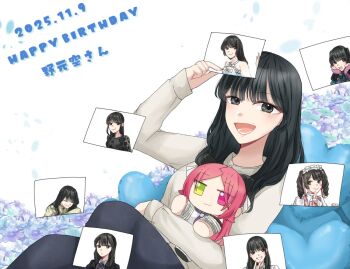 1girl :d actor actor_connection arm_up arms_at_sides assault_lily balloon bare_shoulders black_eyes black_hair black_jacket black_pants black_shirt blue_flower blue_shirt bow bowtie brown_bow brown_bowtie character_doll character_name closed_eyes closed_mouth collared_shirt commentary dated doll drill_hair finger_to_own_chin fingerless_gloves floral_background flower gloves grey_shirt hand_up hands_on_own_cheeks hands_on_own_face happy_birthday heart_balloon holding holding_doll holding_photo jacket knees_up long_hair long_sleeves looking_at_viewer lower_teeth_only maid_headdress medium_hair mole mole_above_mouth nigari_(ngari_0115) nomoto_sora open_mouth pants photo_(object) pink_gloves purple_flower real_life school_uniform shiba_tomoshibi shirt sitting sleeveless sleeveless_shirt sleeves_past_wrists smile solo stuffed_toy teeth translated twin_drills twintails upper_body white_background white_bow