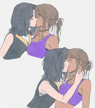 2girls black_hair breasts brown_hair clair_obscur:_expedition_33 closed_eyes commentary_request hand_on_another&#039;s_neck highres hoj_duck jewelry kiss looking_at_another lune_(clair_obscur:_expedition_33) medium_hair multiple_girls necklace scar scar_on_face scar_on_nose sciel_(clair_obscur:_expedition_33) yuri