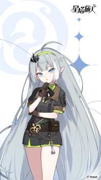 1girl :o ahoge belt belt_pouch black_gloves black_ribbon black_shirt black_shorts blue_background blue_eyes chess_piece chinese_commentary collared_shirt commentary_request contrast_collar copyright_logo copyright_notice cowboy_shot extra_pupils female_tyrant_(stella_sora) female_tyrant_(united_harvest)_(stella_sora) gloves green_hairband green_shirt green_shorts grey_hair hairband hand_on_own_chin highres king_(chess) logo long_hair looking_at_viewer multicolored_hair neck_ribbon official_art open_mouth pointy_ears pouch ribbon shirt shorts solo standing stella_sora streaked_hair stroking_own_chin tyrant_(stella_sora) utility_belt v-shaped_eyebrows very_long_hair white_streaks