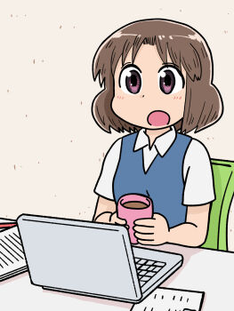 1girl a-king arama-san blue_vest brown_hair chair city_(arawi_keiichi) coffee coffee_mug collared_shirt computer cup dot_nose highres holding holding_cup laptop mug notebook open_mouth paper pen pink_eyes shirt short_hair short_sleeves sitting solo vest white_shirt