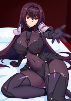 1girl absurdres armor bodysuit breasts buni_guun cleavage commentary_request fate/grand_order fate_(series) hair_between_eyes hair_intakes highres large_breasts long_hair looking_at_viewer pauldrons purple_bodysuit purple_hair red_eyes scathach_(fate) shoulder_armor skin_tight smile solo thighs very_long_hair