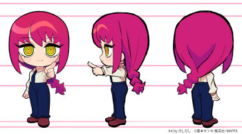 1girl artist_name black_necktie black_pants braid brown_shoes chainsaw_man chibi chibi_only closed_mouth collared_shirt commentary_request gashi-gashi highres light_smile long_hair makima_(chainsaw_man) multiple_views necktie pants pointing pointing_at_viewer red_hair ringed_eyes shirt shoes single_braid solo standing white_shirt yellow_eyes