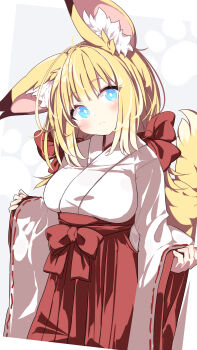1girl animal_ear_fluff animal_ears blonde_hair blue_eyes blush bow breasts closed_mouth commentary_request daidai_ookami fox_ears fox_girl fox_tail hair_bow hakama hakama_skirt head_tilt highres japanese_clothes kimono large_breasts long_hair long_sleeves looking_at_viewer original pinching_sleeves red_bow red_hakama skirt sleeves_past_wrists solo tail white_kimono wide_sleeves