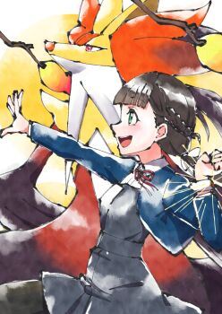 1girl blunt_bangs branch brown_hair commentary crossover delphox fire gen_6_pokemon green_eyes highres long_hair looking_at_another love_live! love_live!_superstar!! mega_delphox nintendo orange-pengin pokemon pokemon_(creature) pokemon_legends:_z-a red_eyes sakurakoji_kinako school_uniform upper_body yuigaoka_school_uniform