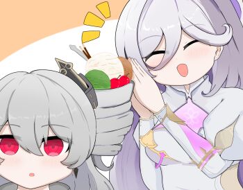 Rule 34 | 2girls, :d, :o, ^ ^, apple, artist request, blush, breasts, cherry, chibi, closed eyes, dress, drill hair, earrings, food, fruit, grey hair, hair between eyes, highres, holding, honkai (series), honkai impact 3rd, ice cream, jewelry, kiwi (fruit), long hair, long sleeves, misteln schariac, multicolored hair, multiple girls, open mouth, own hands together, prometheus (honkai impact), red eyes, simple background, smile, spoon, upper body, white background, white dress