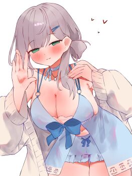 Rule 34 | 1girl, absurdres, babydoll, blue babydoll, blue choker, blush, breasts, cardigan, choker, cleavage, closed mouth, commentary, green eyes, grey hair, hair ornament, hairpin, heart, highres, hololive, large breasts, medium hair, official alternate costume, shirogane noel, shirogane noel (9th costume), solo, untranslatable commentary, tepenchi, virtual youtuber, white background, white cardigan
