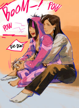 absurdres barefoot bbubbubbobbo123 bra_visible_through_clothes capcom chun-li controller earrings english_text hair_through_hood han_juri head_on_another's_shoulder highres hood hug hug_from_behind jewelry multicolored_hair office_lady onesie pants socks spooning spread_legs street_fighter street_fighter_6