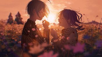 Rule 34 | 2boys, absurdres, ahoge, auni, backlighting, black hair, buttons, checkered clothes, checkered scarf, closed mouth, collared jacket, commentary, danganronpa (series), danganronpa v3: killing harmony, english commentary, evening, field, flipped hair, flower, flower field, from side, hair between eyes, happy, highres, holding, holding flower, jacket, long sleeves, male focus, multiple boys, oma kokichi, open mouth, orange sky, orange theme, outdoors, pinstripe jacket, pinstripe pattern, profile, purple hair, saihara shuichi, scarf, scenery, short hair, sky, smile, striped clothes, striped jacket, sun, sunset, teeth, tree, upper body, yaoi