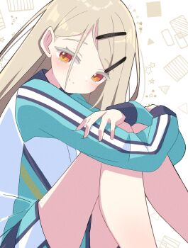 1girl blush closed_mouth colored_eyelashes dot_nose from_side gakuen_idolmaster green_jacket green_shorts hair_ornament hairclip hands_on_own_legs highres idolmaster jacket knees_together_feet_apart knees_up light_brown_hair long_hair long_sleeves looking_at_viewer orange_eyes pants sasanoha_(sasanoha0712) shinosawa_hiro shorts sitting smile solo square star_(symbol) track_jacket track_pants triangle white_background