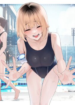 1boy 2girls :d black_one-piece_swimsuit blonde_hair breasts day highres large_breasts leaning_forward medium_hair multicolored_hair multiple_girls one-piece_swimsuit open_mouth original outdoors pool rerrere roots_(hair) smile solo_focus swimsuit wet
