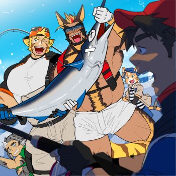 5boys absol_(dkqthf) another_eidos-r bara baseball_cap beard blonde_hair cape charlotte_(another_eidos) commentary_request copyright_request facial_hair fish fishing_rod full_beard hat jacket lute_(another_eidos) multiple_boys ocean pugi_(another_eidos) rod shirt short_shorts shorts sunglasses swordfish walther_(another_eidos) white_shirt