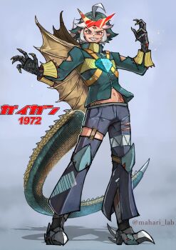 1972 1boy absurdres amputee asymmetrical_legwear blue_background buzzsaw_(tool) claws clothing_cutout cosplay cyborg diamond_(shape) electricity energy gem gem_on_head gigan gigan_(cosplay) godzilla_(series) godzilla_vs._gigan green_hair green_jacket highres hook_hand humanization jacket japanese_text kaiju looking_down mahari_lab monster monster_boy multicolored_hair navel open_clothes open_jacket pants personification prosthesis prosthetic_arm red_eyes scar scar_on_waist shadow sharp_teeth simple_background sparks spiked_heel spikes steel-toe_boots stinger sunglasses sunglasses_on_head tail tail_blade teeth toho torn_clothes torn_pants two-tone_hair weapon white_hair wings zipper zipper_legwear