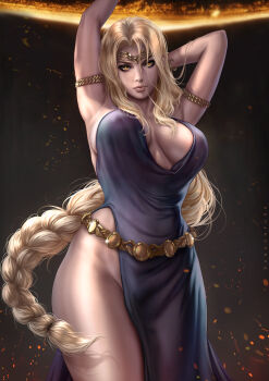 1girl armband armpits arms_up belt blonde_hair bracelet braid breasts cleavage curvy dandon_fuga diadem dress elden_ring fromsoftware highres jewelry large_breasts long_hair looking_at_viewer queen_marika_the_eternal solo thick_thighs thighs very_long_hair wide_hips yellow_eyes