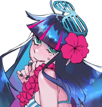 1girl ahoge barley_juice bikini black_nails blue_bikini blue_hair eyewear_on_head flower from_side hair_flower hair_ornament hibiscus long_hair looking_at_viewer multicolored_bikini multicolored_hair nail_polish panty_&amp;_stocking_with_garterbelt pink_flower pink_streaks simple_background solo stocking_(psg) streaked_hair striped_bikini striped_clothes swimsuit tongue tongue_out two-tone_bikini unfinished white_background white_bikini